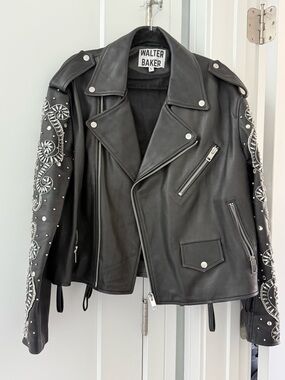 Walter Baker Black Crystal Embellished Leather Moto Jacket